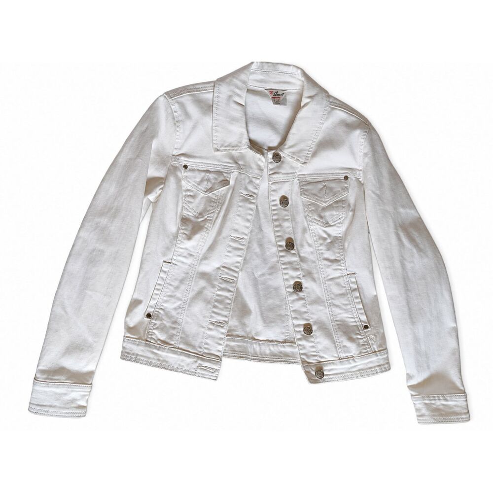 GUESS Women's L White Denim Utility Jacket Button Front 6 Pocket Stretch